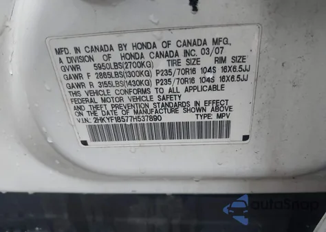 2007 Honda Pilot Ex-L z USA, uszkodzony, nr VIN 2HKYF18577H537890